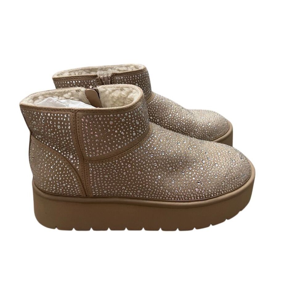 Women's Beige Platform Booties‎ Rhinestone Chic Casual Zip Closure